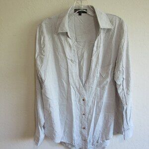 BEULAH Light Gray S Long Sleeve V-Neck Button Closure Cotton Blouse